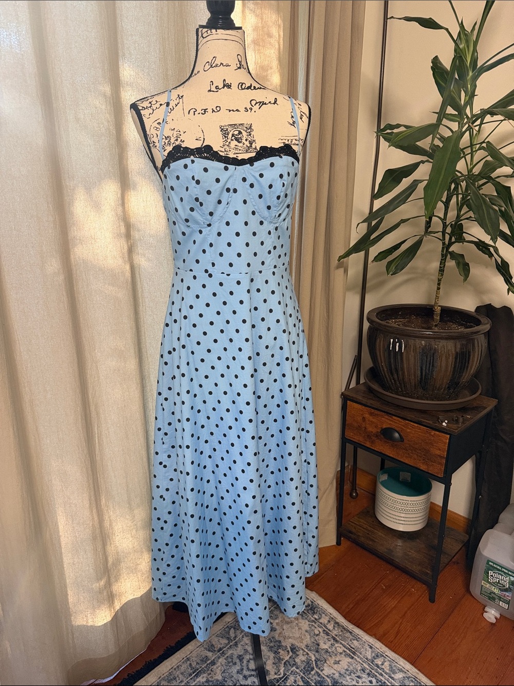 Commense Light Blue Polka Dot Strapless Dress with Black Trim